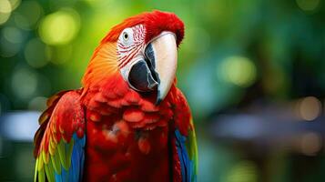 rojo loro en el bosque. justicia que río. guacamayo loro volador en oscuro verde plantas, rojo loro en el bosque. foto