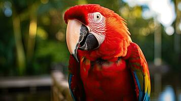 Red parrot in the forest. Lam Than river. Macaw parrot flying in dark green plants, red parrot in the forest. photo