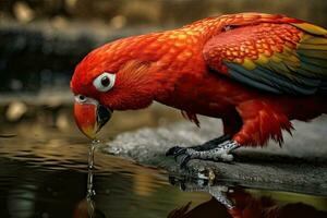 Red parrot in the forest. Lam Than river. Macaw parrot flying in dark green plants, red parrot in the forest. photo