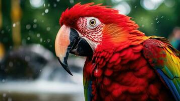 Red parrot in the forest. Lam Than river. Macaw parrot flying in dark green plants, red parrot in the forest. photo