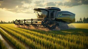 Rice harvester of the future, driverless, satellite navigation system for agricultural machinery Agricultural innovation, smart farming harvest together photo