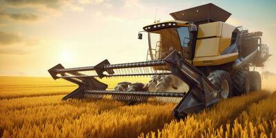 Rice harvester of the future, driverless, satellite navigation system for agricultural machinery Agricultural innovation, smart farming harvest together photo