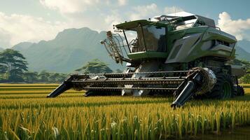 Rice harvester of the future, driverless, satellite navigation system for agricultural machinery Agricultural innovation, smart farming harvest together photo