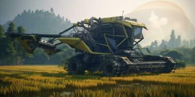 Rice harvester of the future, driverless, satellite navigation system for agricultural machinery Agricultural innovation, smart farming harvest together photo