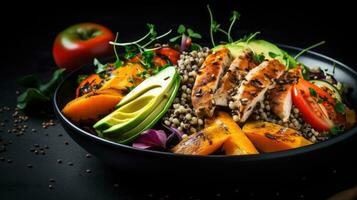 Red quinoa bowl with avocado, radishes, scallions, cherry tomatoes, chives and fresh basil. Top view. Copy space. photo