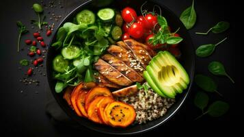 Red quinoa bowl with avocado, radishes, scallions, cherry tomatoes, chives and fresh basil. Top view. Copy space. photo