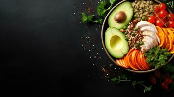 Red quinoa bowl with avocado, radishes, scallions, cherry tomatoes, chives and fresh basil. Top view. Copy space. photo