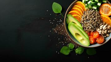 Red quinoa bowl with avocado, radishes, scallions, cherry tomatoes, chives and fresh basil. Top view. Copy space. photo