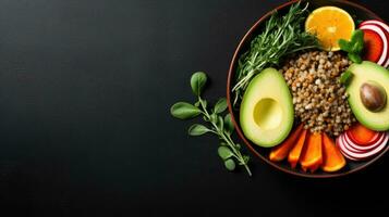 Red quinoa bowl with avocado, radishes, scallions, cherry tomatoes, chives and fresh basil. Top view. Copy space. photo