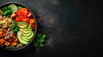 Red quinoa bowl with avocado, radishes, scallions, cherry tomatoes, chives and fresh basil. Top view. Copy space. photo