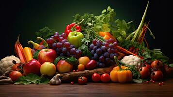 Studio shot of various fruits and vegetables isolated on black background. Top view. High resolution products photo