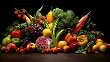 Studio shot of various fruits and vegetables isolated on black background. Top view. High resolution products photo