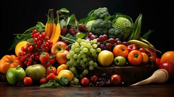 Studio shot of various fruits and vegetables isolated on black background. Top view. High resolution products photo