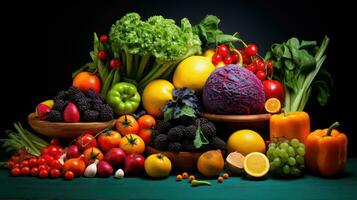 Studio shot of various fruits and vegetables isolated on black background. Top view. High resolution products photo