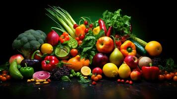 Studio shot of various fruits and vegetables isolated on black background. Top view. High resolution products photo