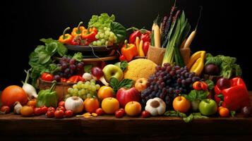 Studio shot of various fruits and vegetables isolated on black background. Top view. High resolution products photo