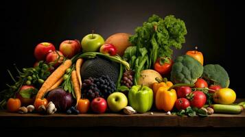 Studio shot of various fruits and vegetables isolated on black background. Top view. High resolution products photo