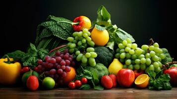 Studio shot of various fruits and vegetables isolated on black background. Top view. High resolution products photo