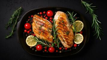 Grilled Chicken Breast with Cherry Tomatoes Green French beans, garlic, herbs, and lemon slices on a Teflon pan. photo