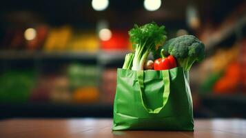 Shopping bags with fresh vegetables, eco-friendly food on a wooden table with blurred supermarket aisles in the background. photo