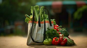 Shopping bags with fresh vegetables, eco-friendly food on a wooden table with blurred supermarket aisles in the background. photo