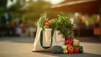 compras pantalones con Fresco verduras, Respetuoso del medio ambiente comida en un de madera mesa con borroso supermercado pasillos en el antecedentes. foto