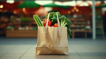 Shopping bags with fresh vegetables, eco-friendly food on a wooden table with blurred supermarket aisles in the background. photo