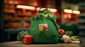 Shopping bags with fresh vegetables, eco-friendly food on a wooden table with blurred supermarket aisles in the background. photo