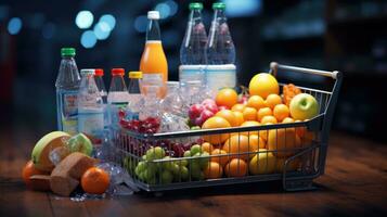 Shopping cart full of food and drinks and supermarket shelves behind grocery shopping concept. photo