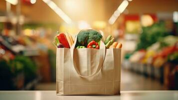 compras pantalones con Fresco verduras, Respetuoso del medio ambiente comida en un de madera mesa con borroso supermercado pasillos en el antecedentes. foto