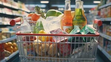 Shopping cart full of food and drinks and supermarket shelves behind grocery shopping concept. photo