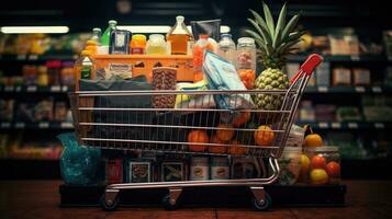 Shopping cart full of food and drinks and supermarket shelves behind grocery shopping concept. photo