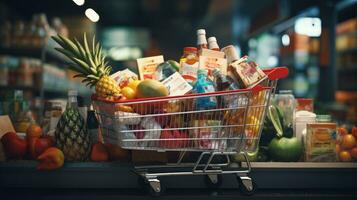 compras carro lleno de comida y bebidas y supermercado estantería detrás tienda de comestibles compras concepto. foto