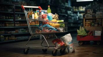 Shopping cart full of food and drinks and supermarket shelves behind grocery shopping concept. photo