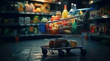 Shopping cart full of food and drinks and supermarket shelves behind grocery shopping concept. photo