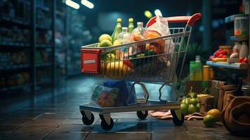 Shopping cart full of food and drinks and supermarket shelves behind grocery shopping concept. photo