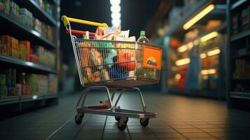 Shopping cart full of food and drinks and supermarket shelves behind grocery shopping concept. photo
