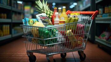 Shopping cart full of food and drinks and supermarket shelves behind grocery shopping concept. photo