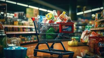 Shopping cart full of food and drinks and supermarket shelves behind grocery shopping concept. photo