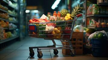 Shopping cart full of food and drinks and supermarket shelves behind grocery shopping concept. photo