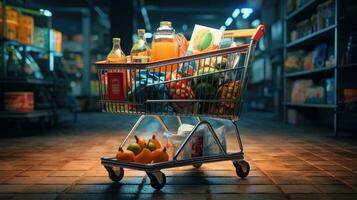 Shopping cart full of food and drinks and supermarket shelves behind grocery shopping concept. photo