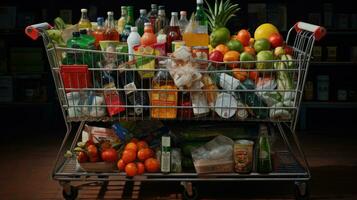 Shopping cart full of food and drinks and supermarket shelves behind grocery shopping concept. photo