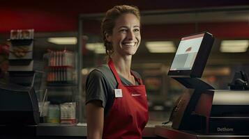 Beautiful smiling cashier working at grocery store,cashier photo