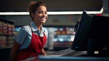 Beautiful smiling cashier working at grocery store,cashier photo