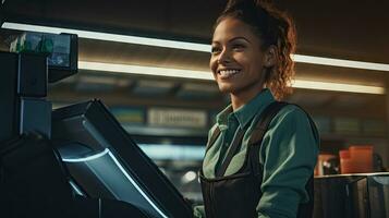 Beautiful smiling cashier working at grocery store,cashier photo