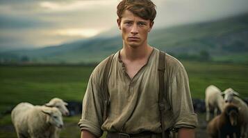 Handsome young man in the meadow with cattle Shepherd working on farm. Outdoor. Eco pasture. farming concept photo