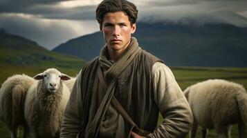 Handsome young man in the meadow with cattle Shepherd working on farm. Outdoor. Eco pasture. farming concept photo