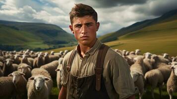 Handsome young man in the meadow with cattle Shepherd working on farm. Outdoor. Eco pasture. farming concept photo