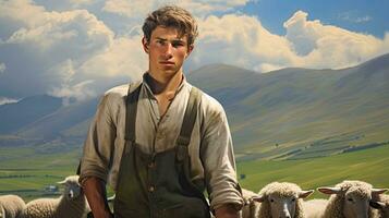 Handsome young man in the meadow with cattle Shepherd working on farm. Outdoor. Eco pasture. farming concept photo