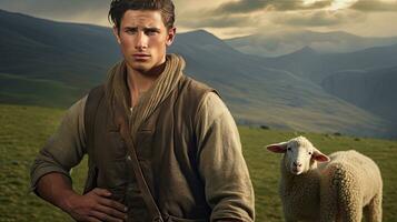 Handsome young man in the meadow with cattle Shepherd working on farm. Outdoor. Eco pasture. farming concept photo